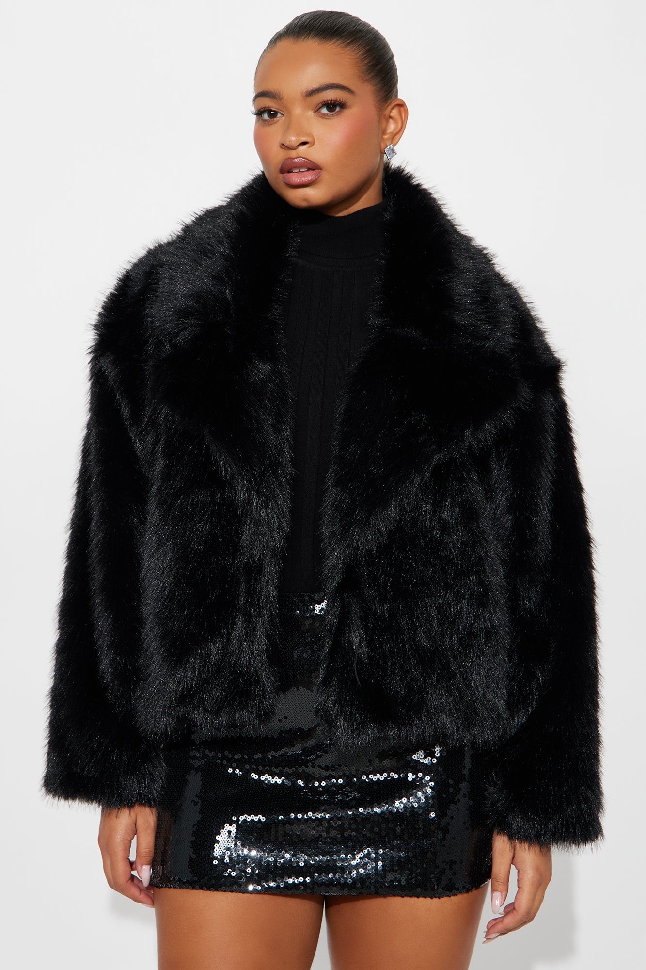 Short Synthetic Fur Coat - Black