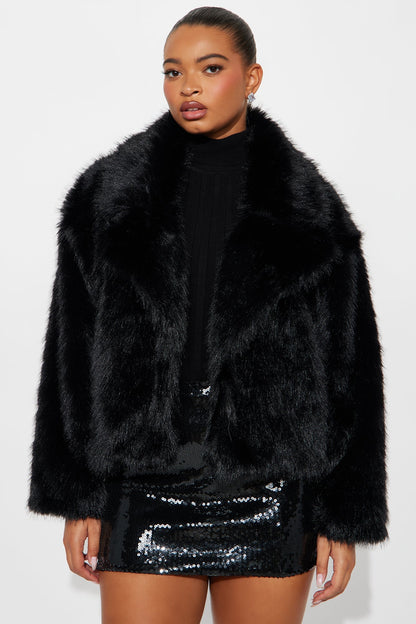 Short Synthetic Fur Coat - Black