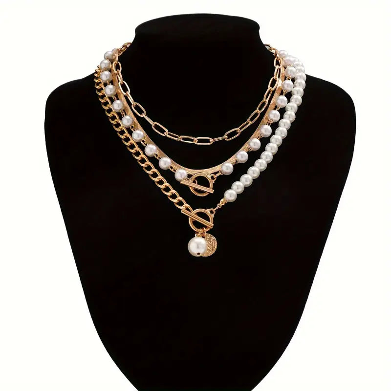 Vintage pearl and gold snake chain necklace set