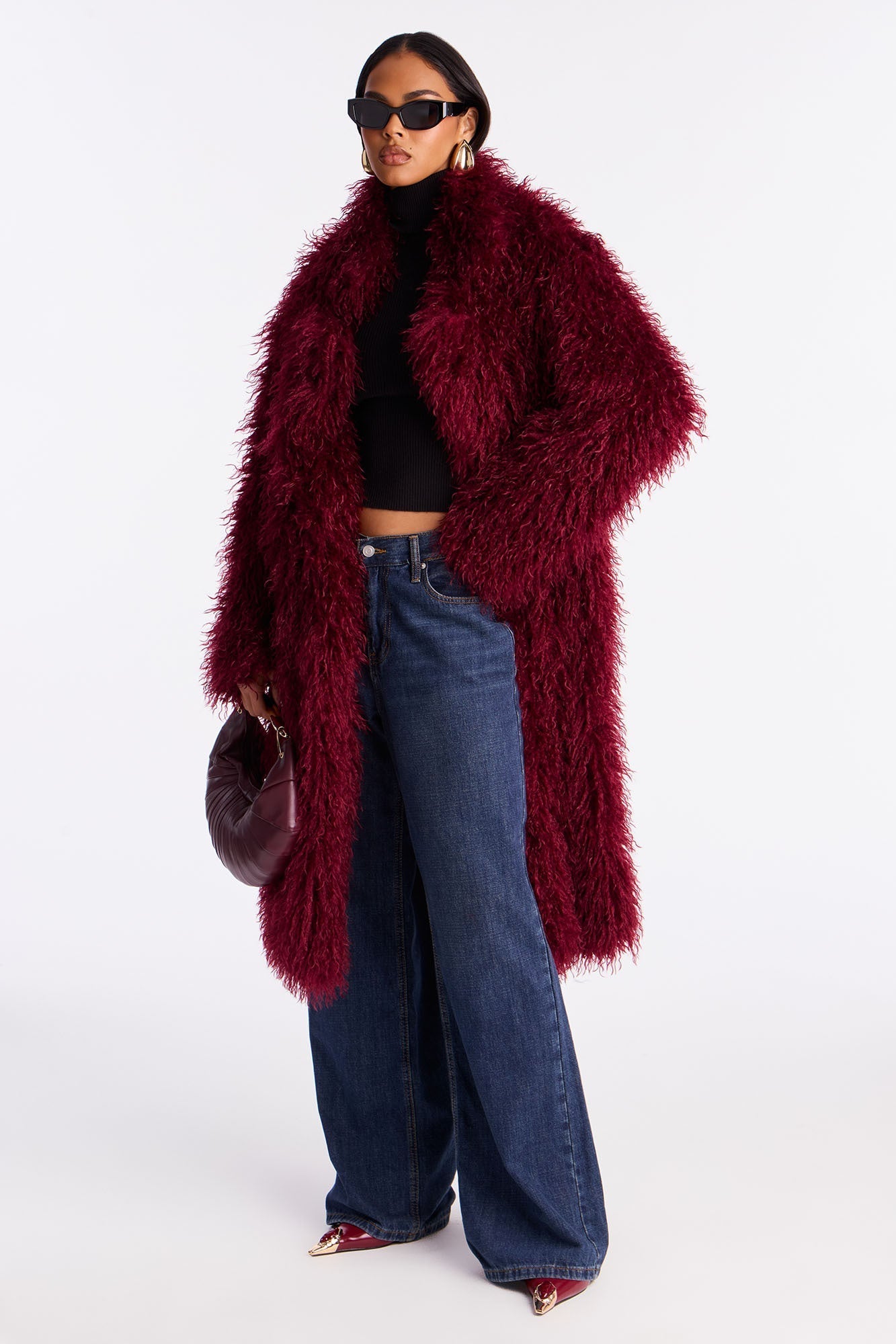 Faux Fur Trench Coat - Burgundy