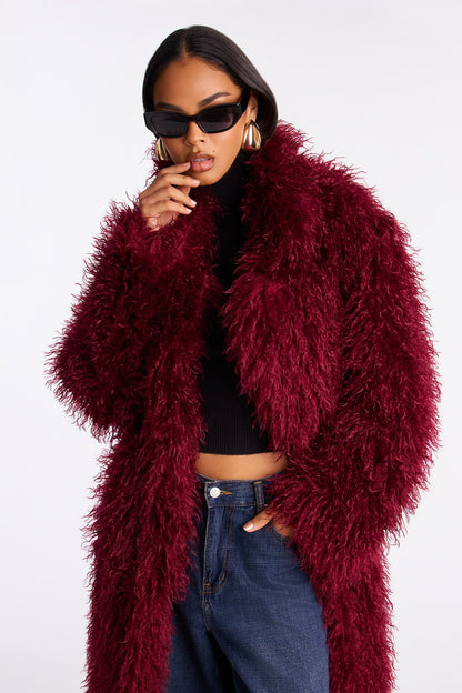 Faux Fur Trench Coat - Burgundy