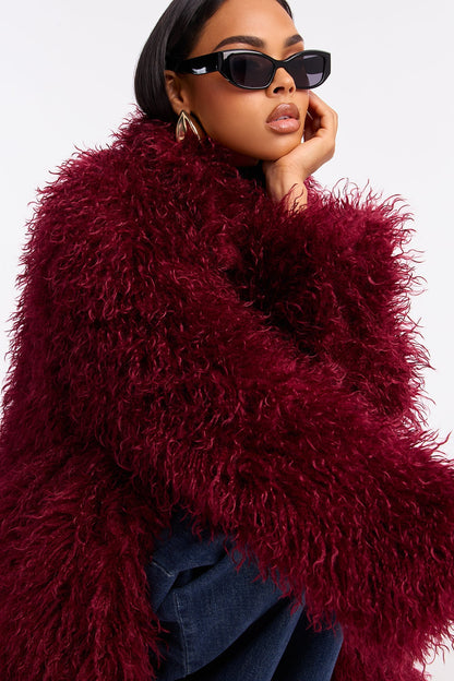 Faux Fur Trench Coat - Burgundy
