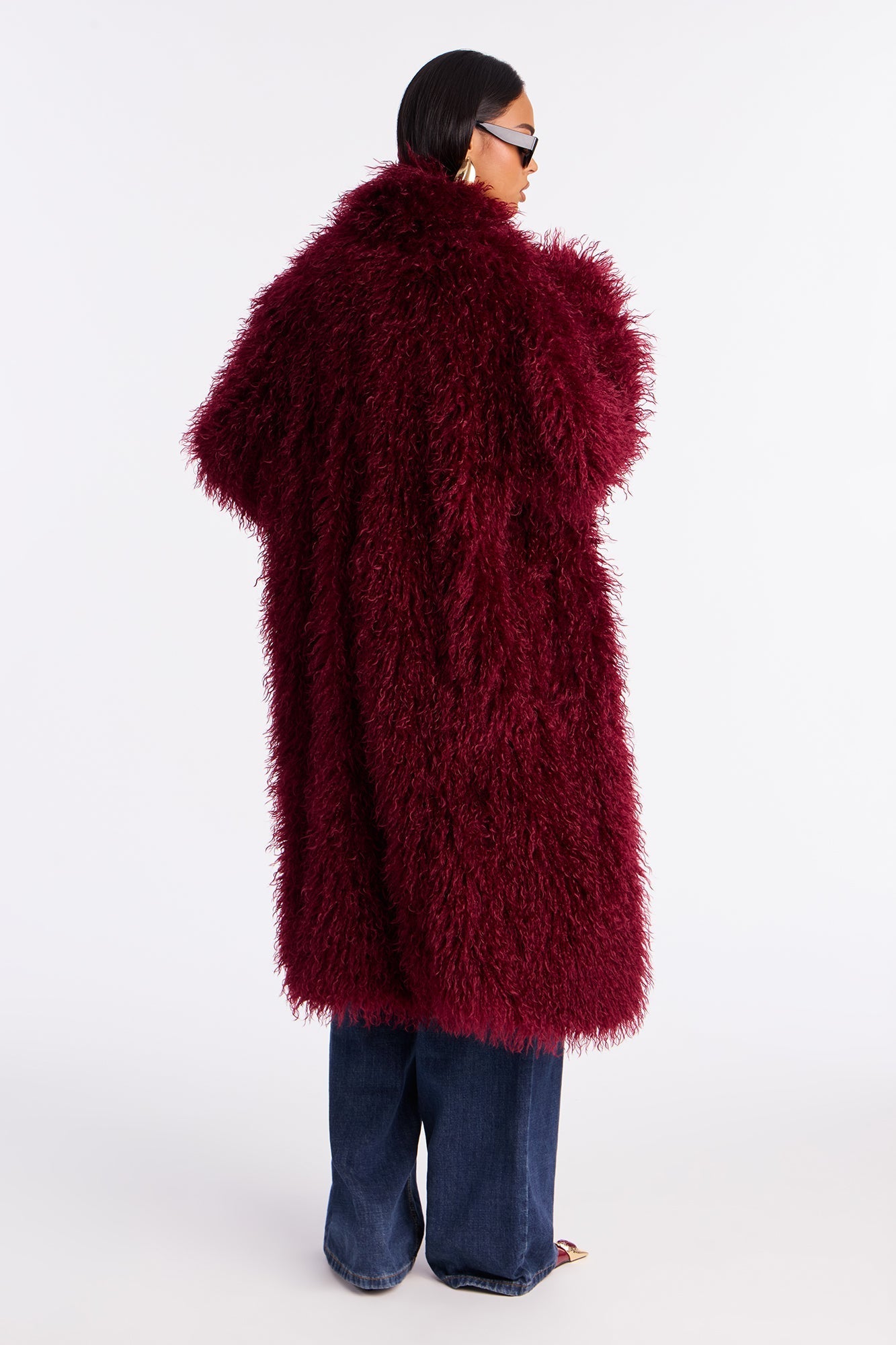 Faux Fur Trench Coat - Burgundy