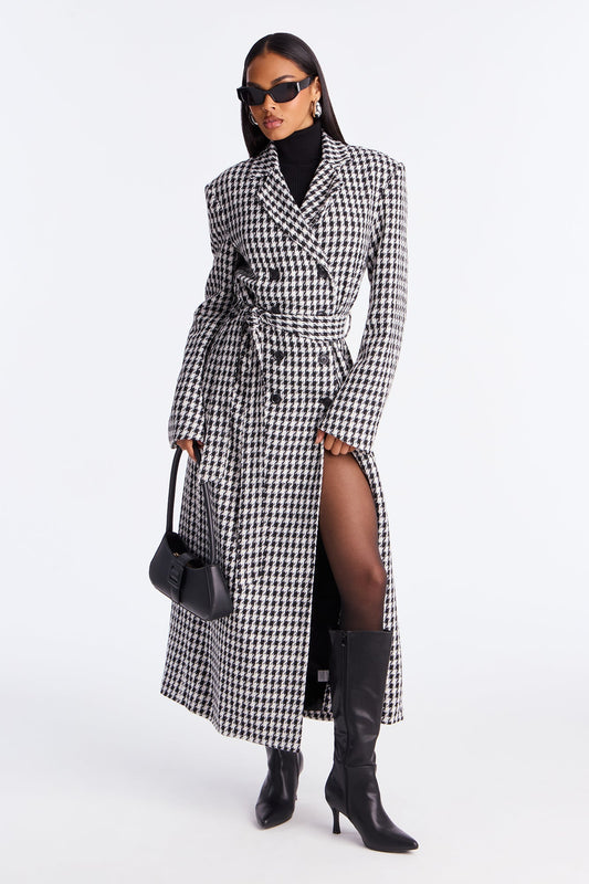 Solana Houndstooth Double-Breasted Coat - White/Black