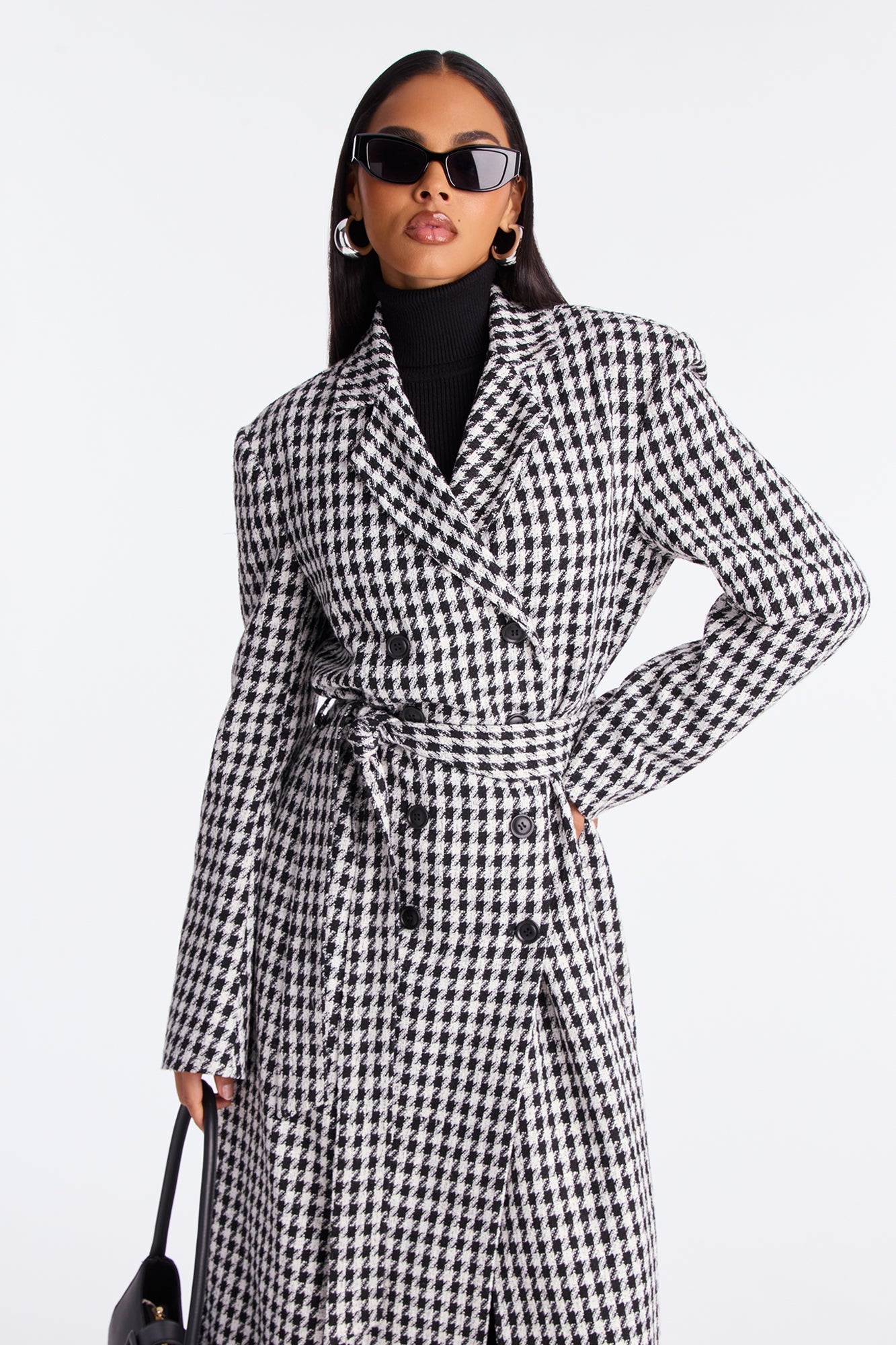 Solana Houndstooth Double-Breasted Coat - White/Black