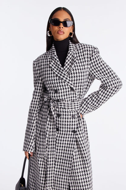 Solana Houndstooth Double-Breasted Coat - White/Black