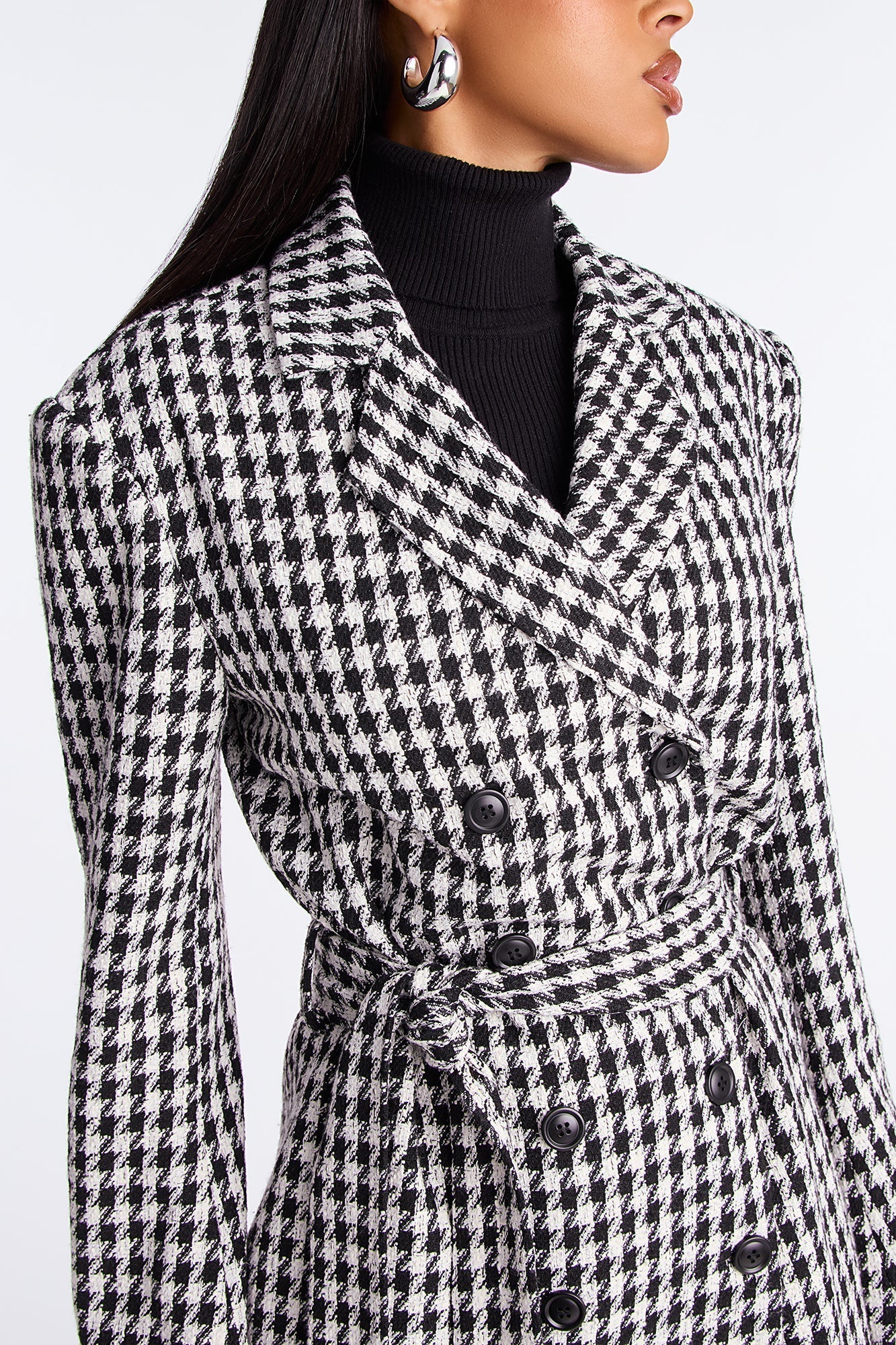 Solana Houndstooth Double-Breasted Coat - White/Black