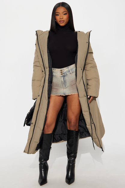 Warm Long Nylon Coat - Khaki