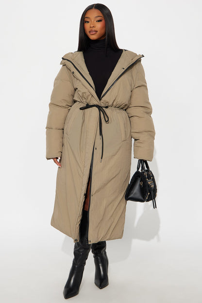 Warm Long Nylon Coat - Khaki