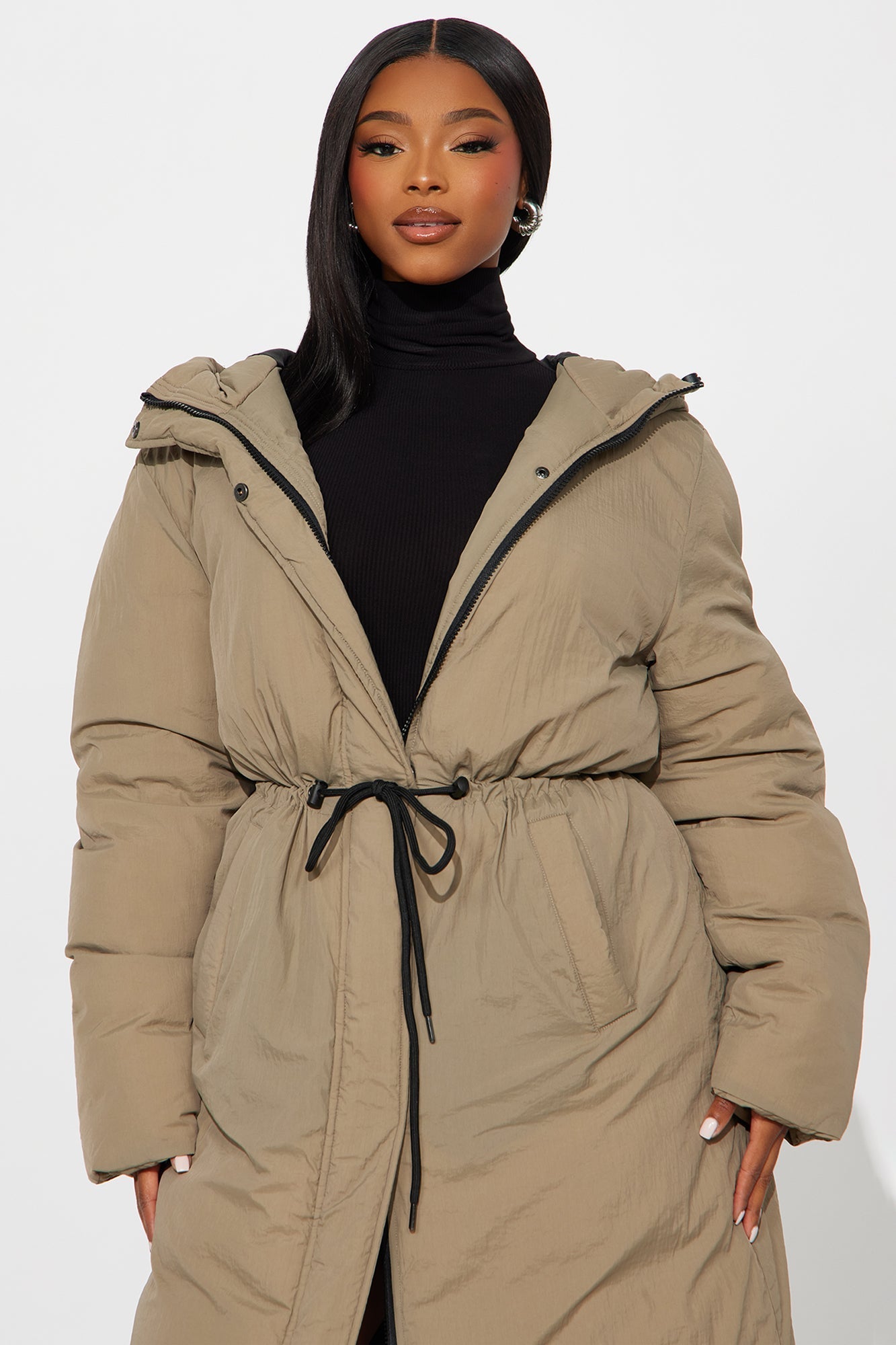 Warm Long Nylon Coat - Khaki