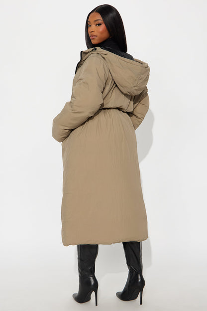 Warm Long Nylon Coat - Khaki