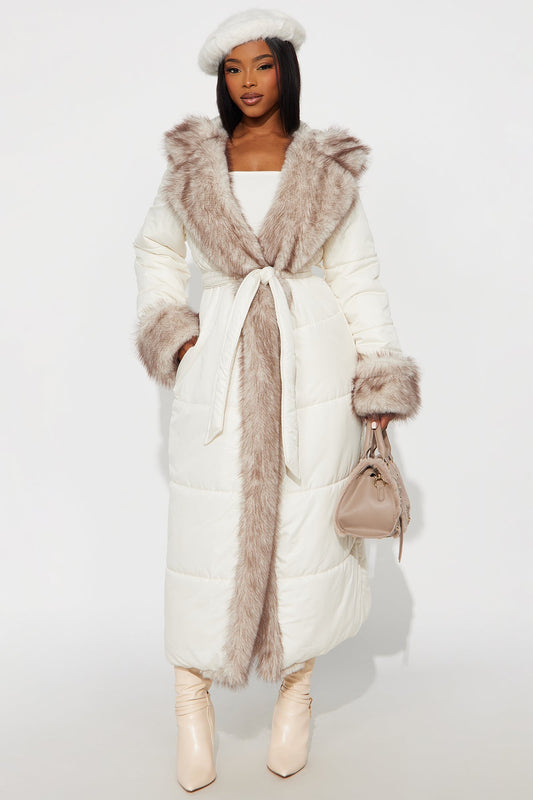 Puffer Jacket with Fur Detail - Ivory