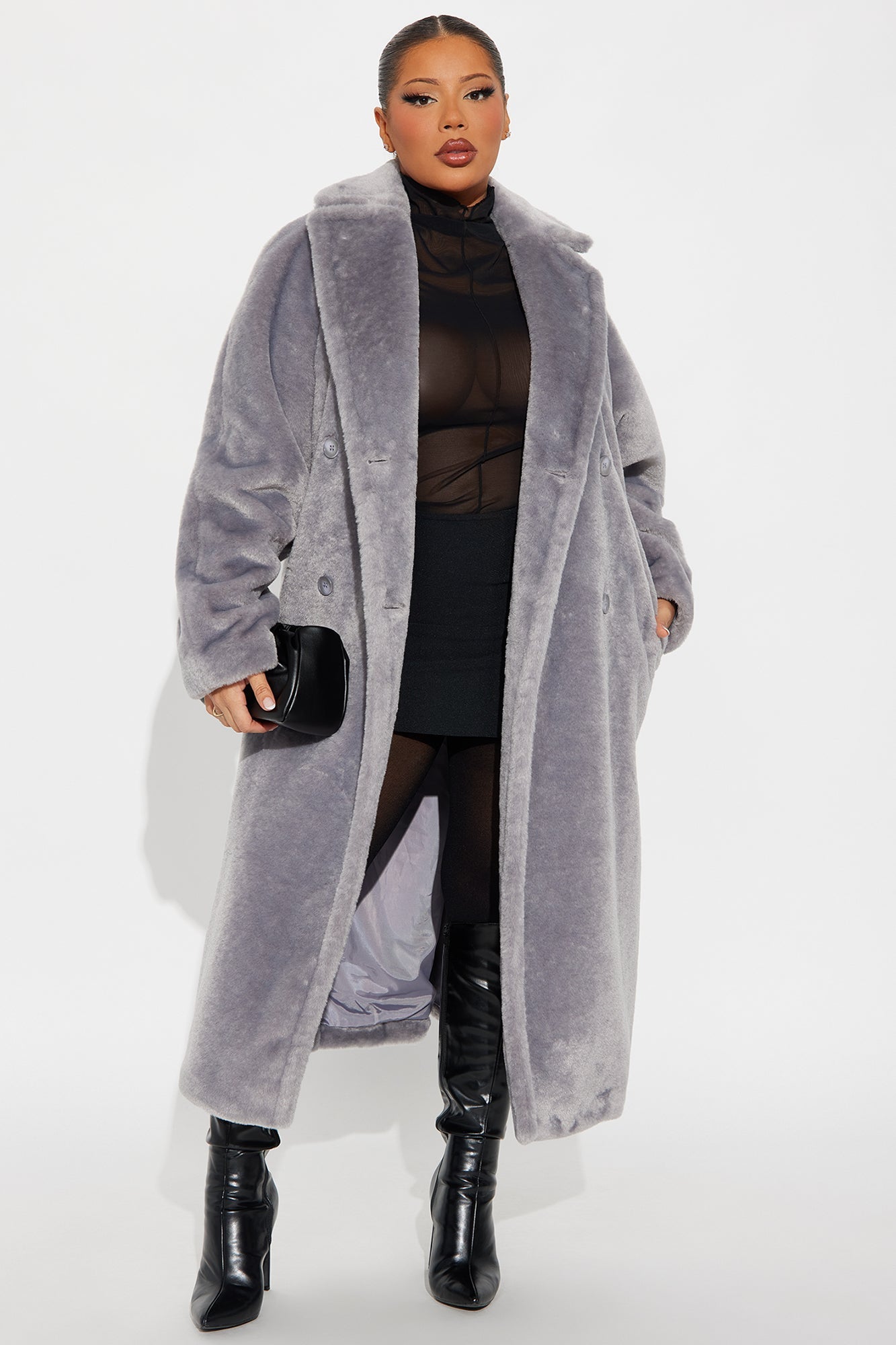 Natasha Long Belted Faux Fur Coat - Grey