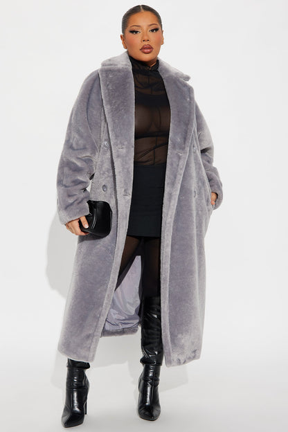 Natasha Belted Long Synthetic Fur Coat - Grey
