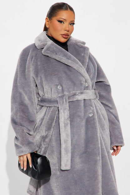 Natasha Belted Long Synthetic Fur Coat - Grey