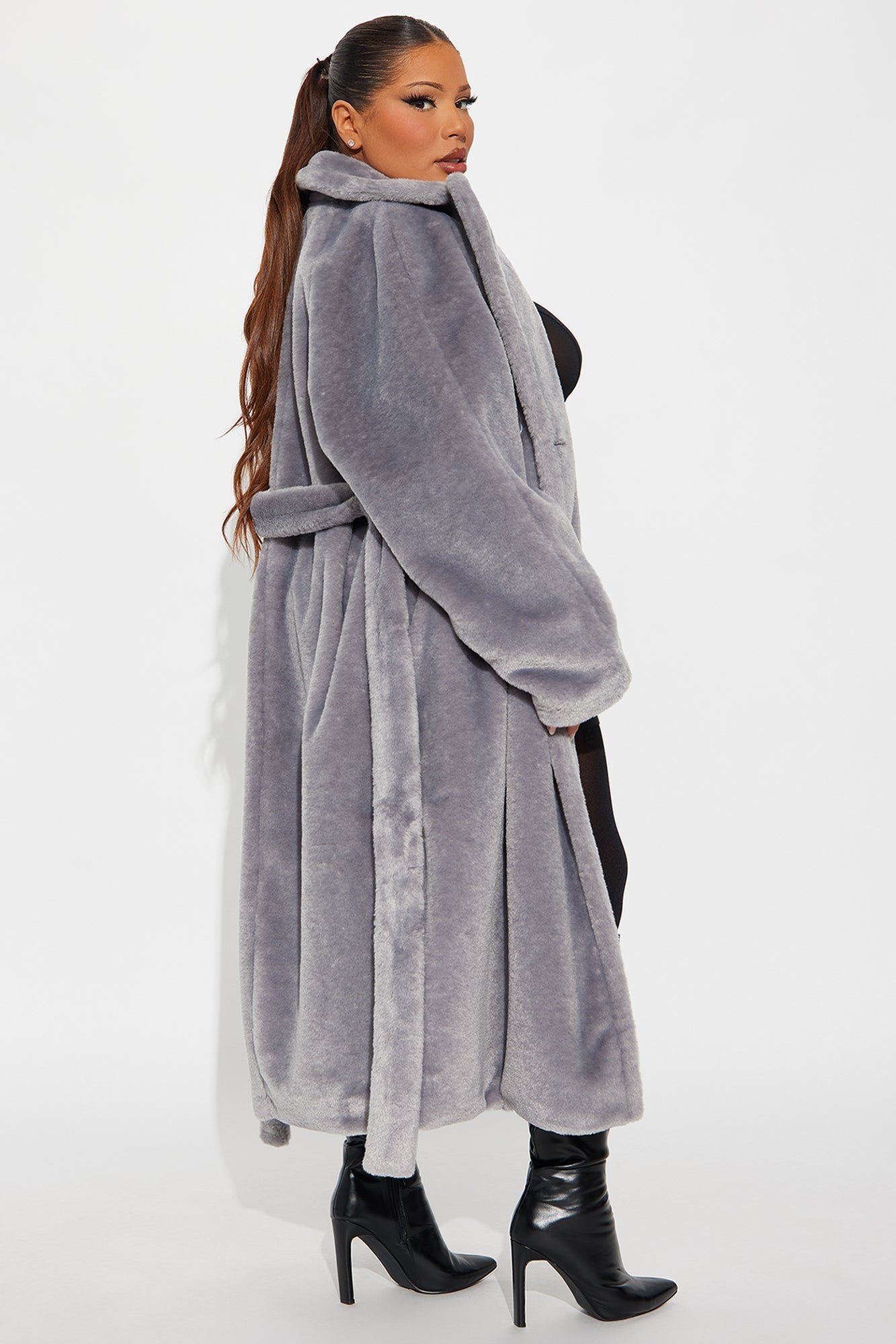 Natasha Belted Long Synthetic Fur Coat - Grey