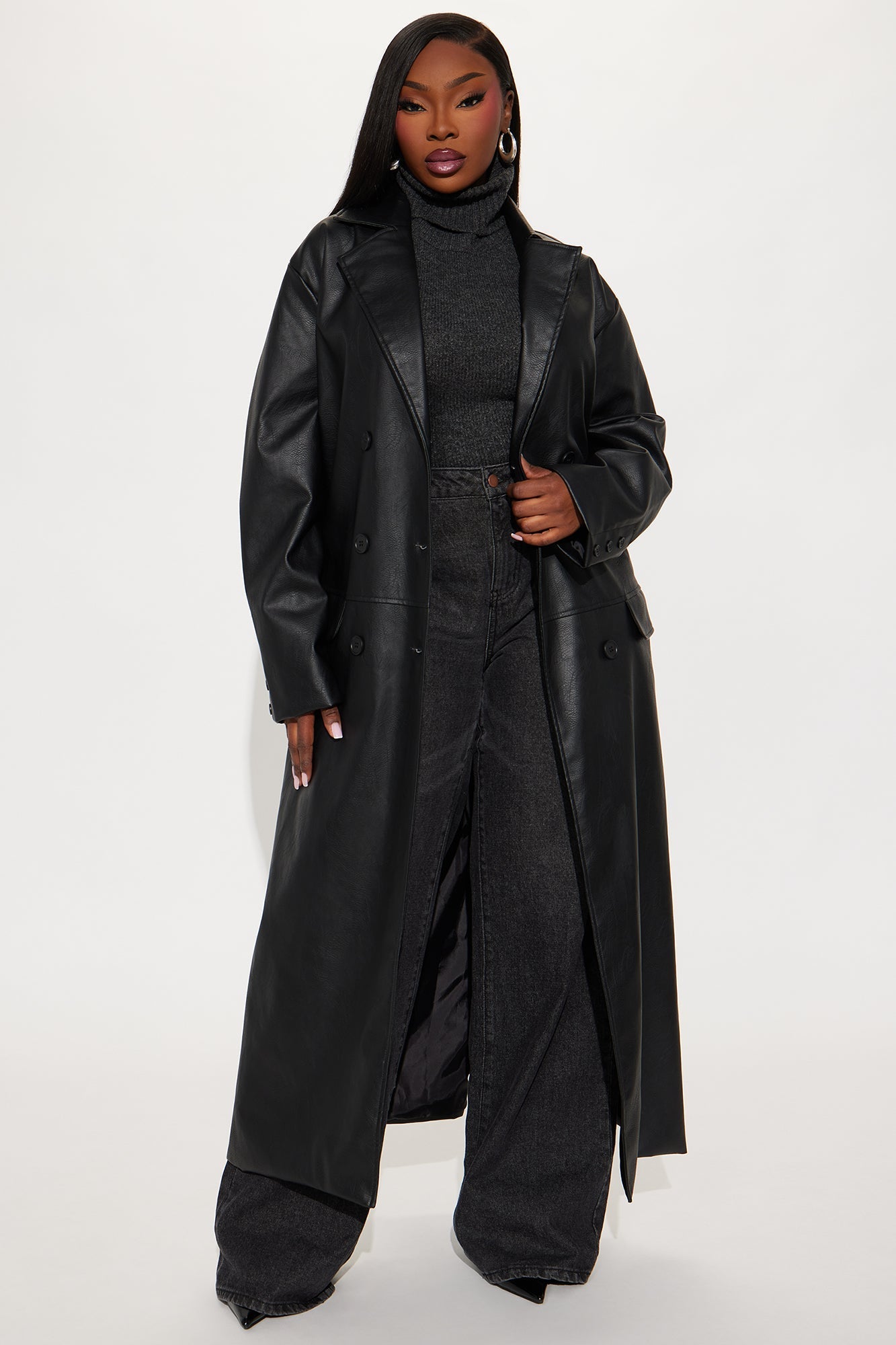 Trench Coat in Faux Leather - Black