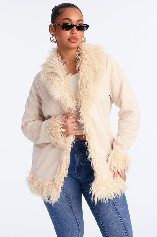 Suede Coat with Faux Fur - Ivory