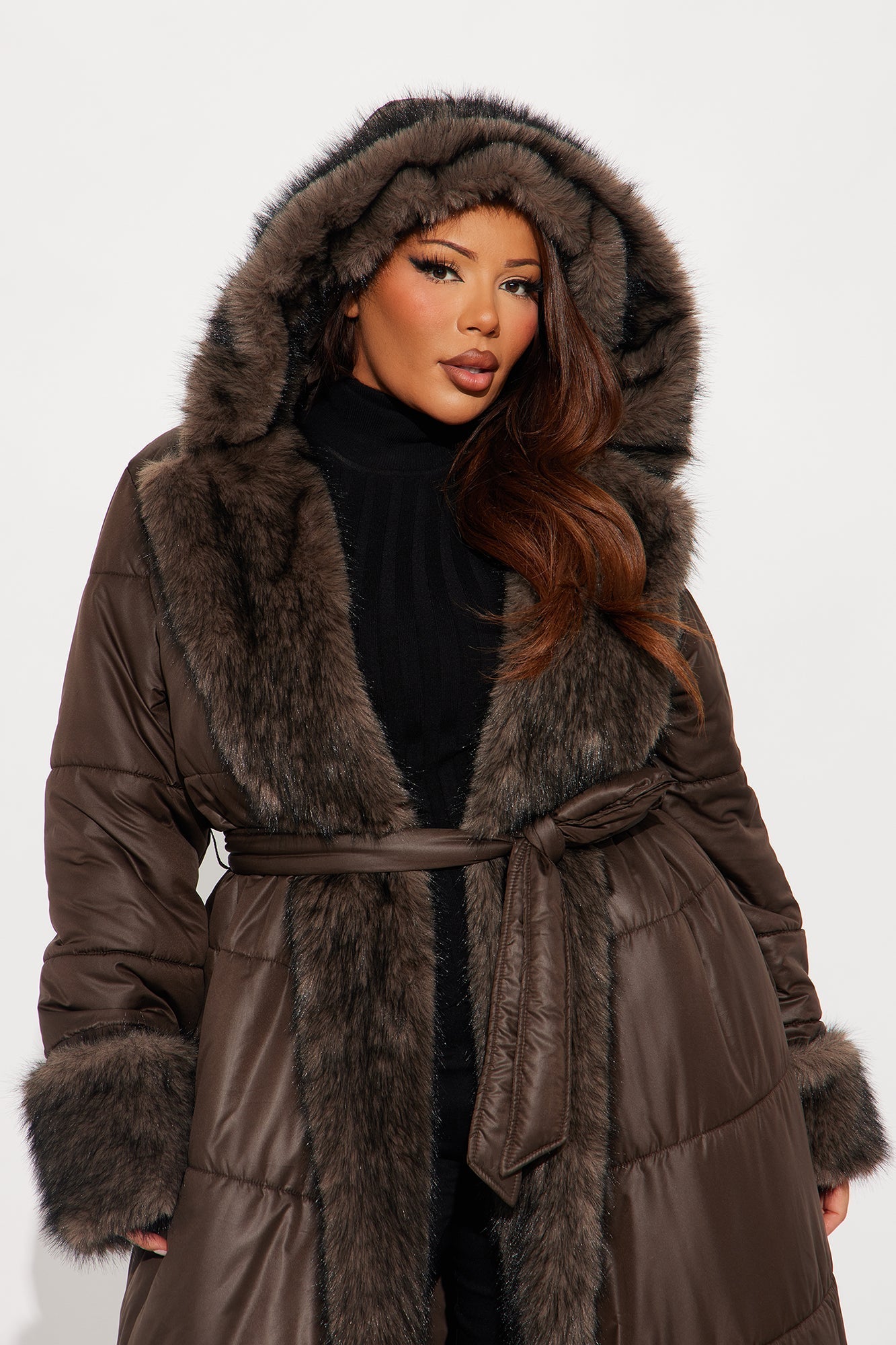 Puffer Jacket with Fur Trim - Chocolate