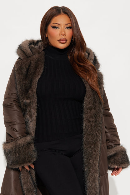 Puffer Jacket with Fur Trim - Chocolate