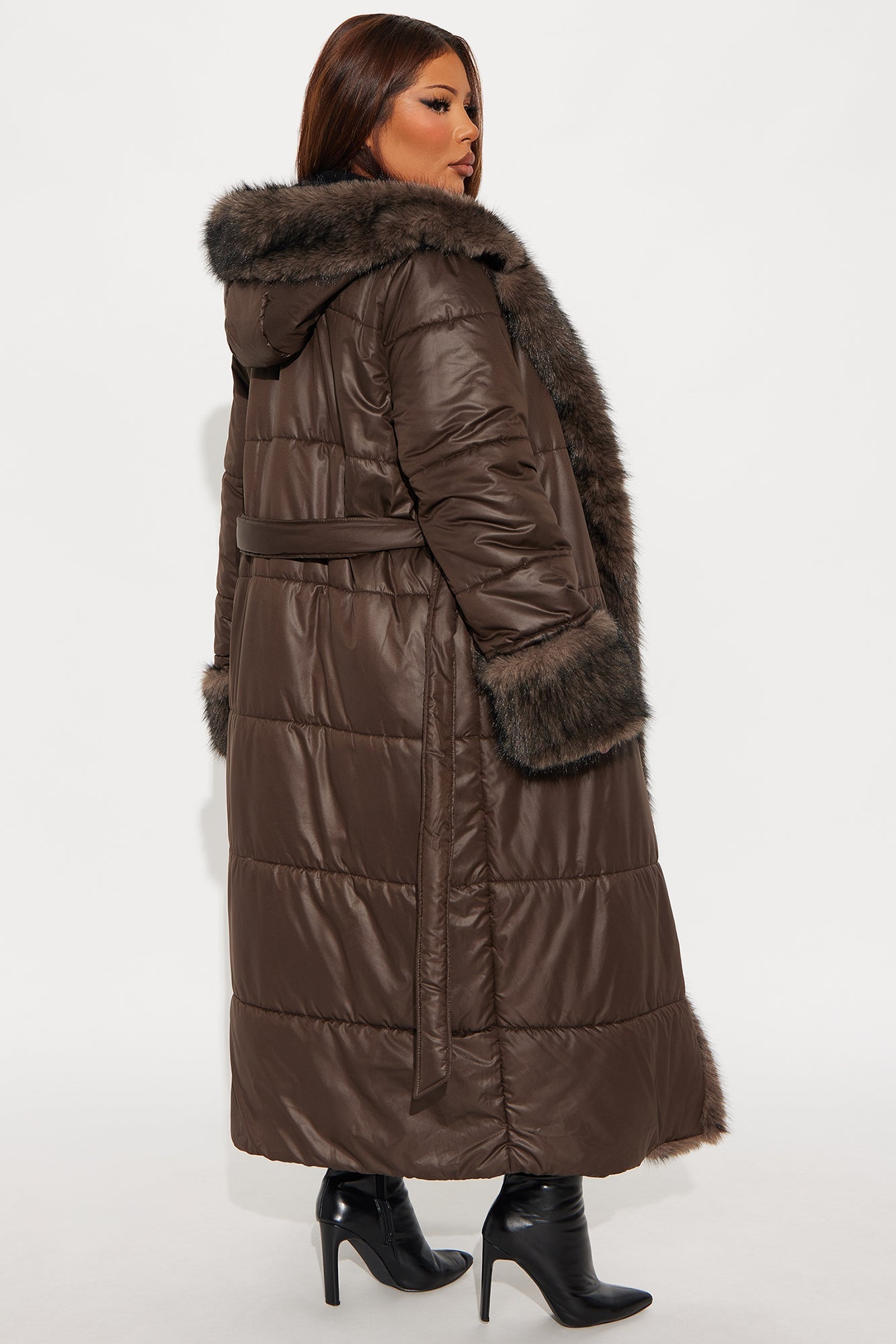 Puffer Jacket with Fur Trim - Chocolate