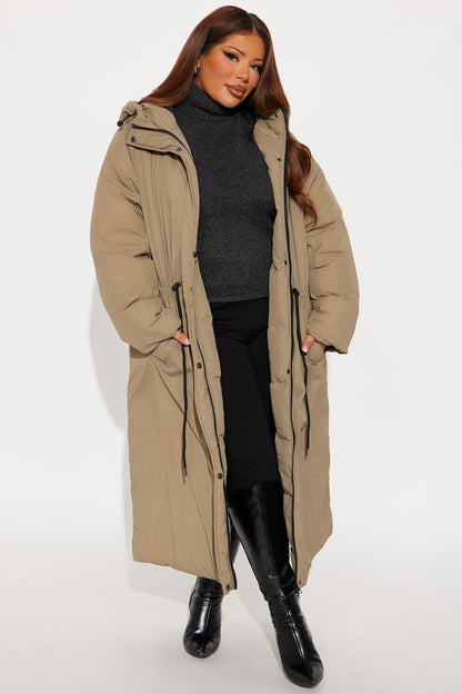 Warm Long Nylon Coat - Khaki