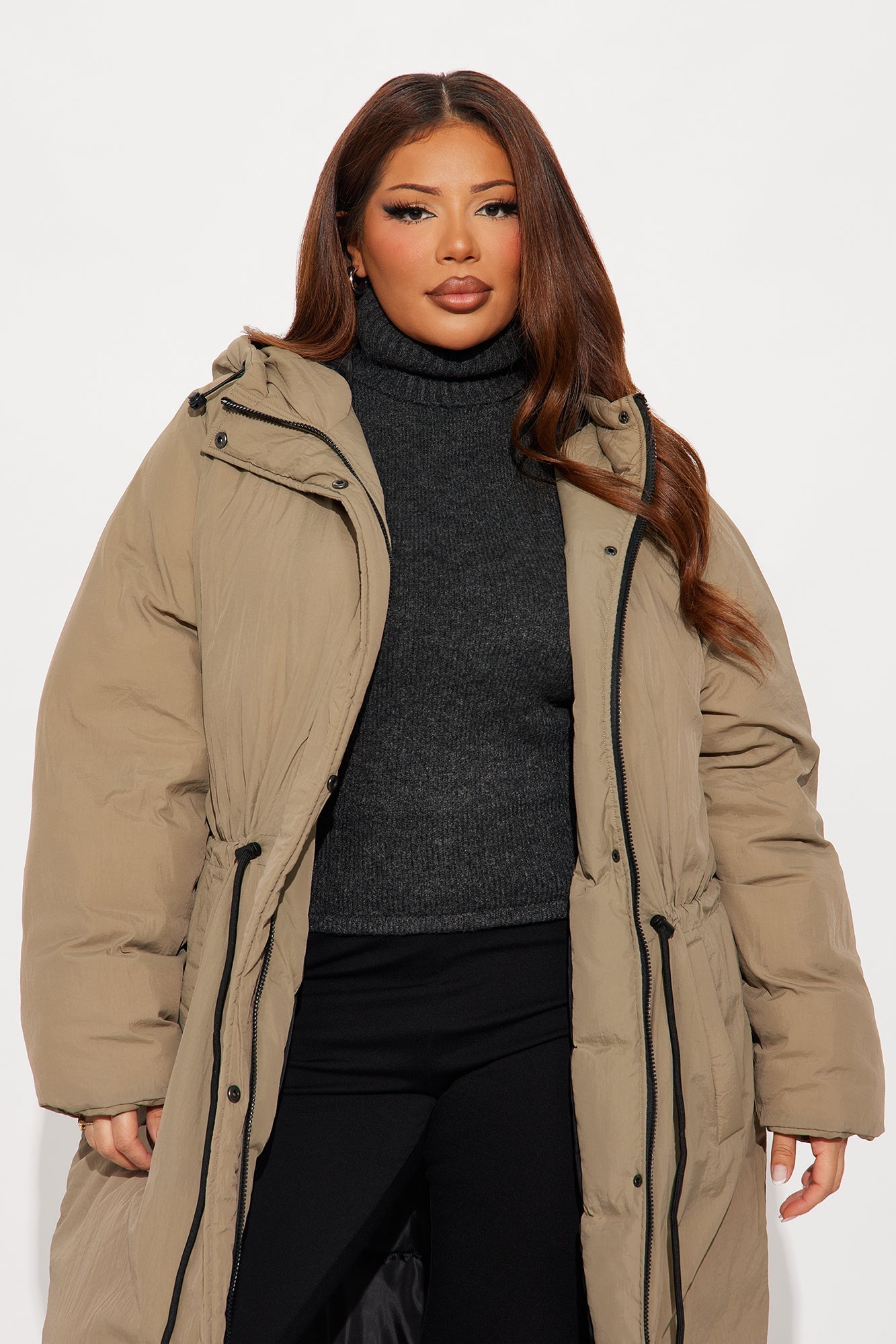 Warm Long Nylon Coat - Khaki
