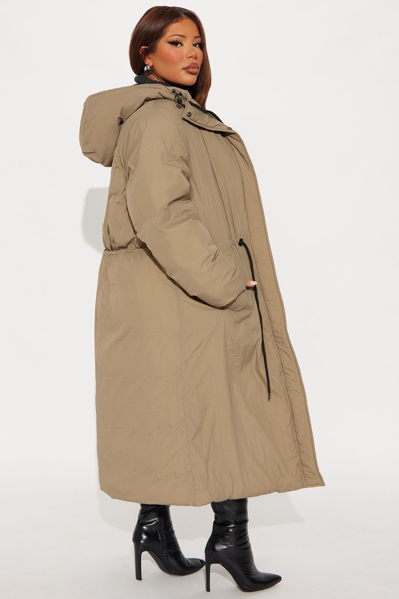 Warm Long Nylon Coat - Khaki