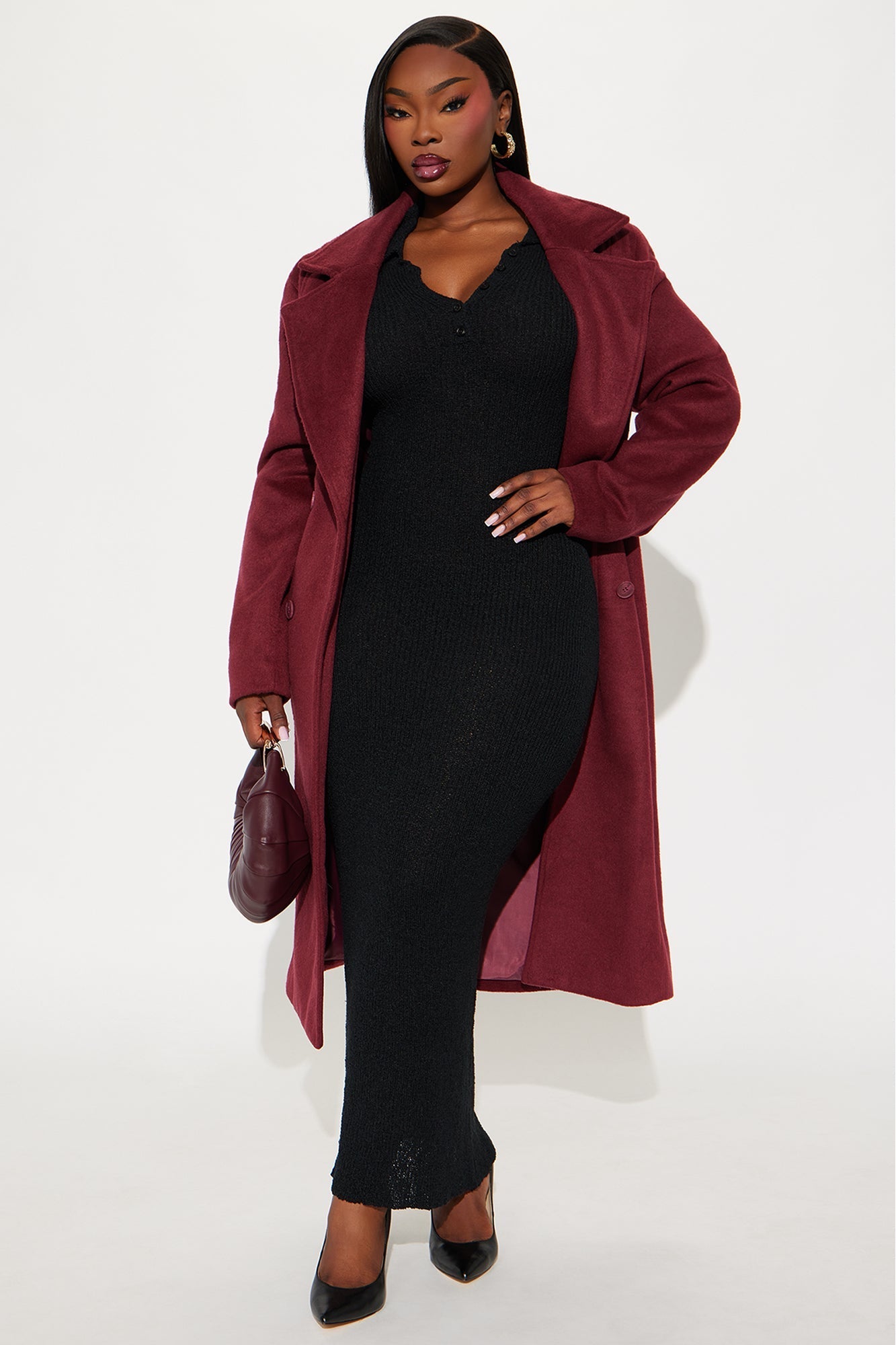Melonie Wool Trench Coat - Burgundy
