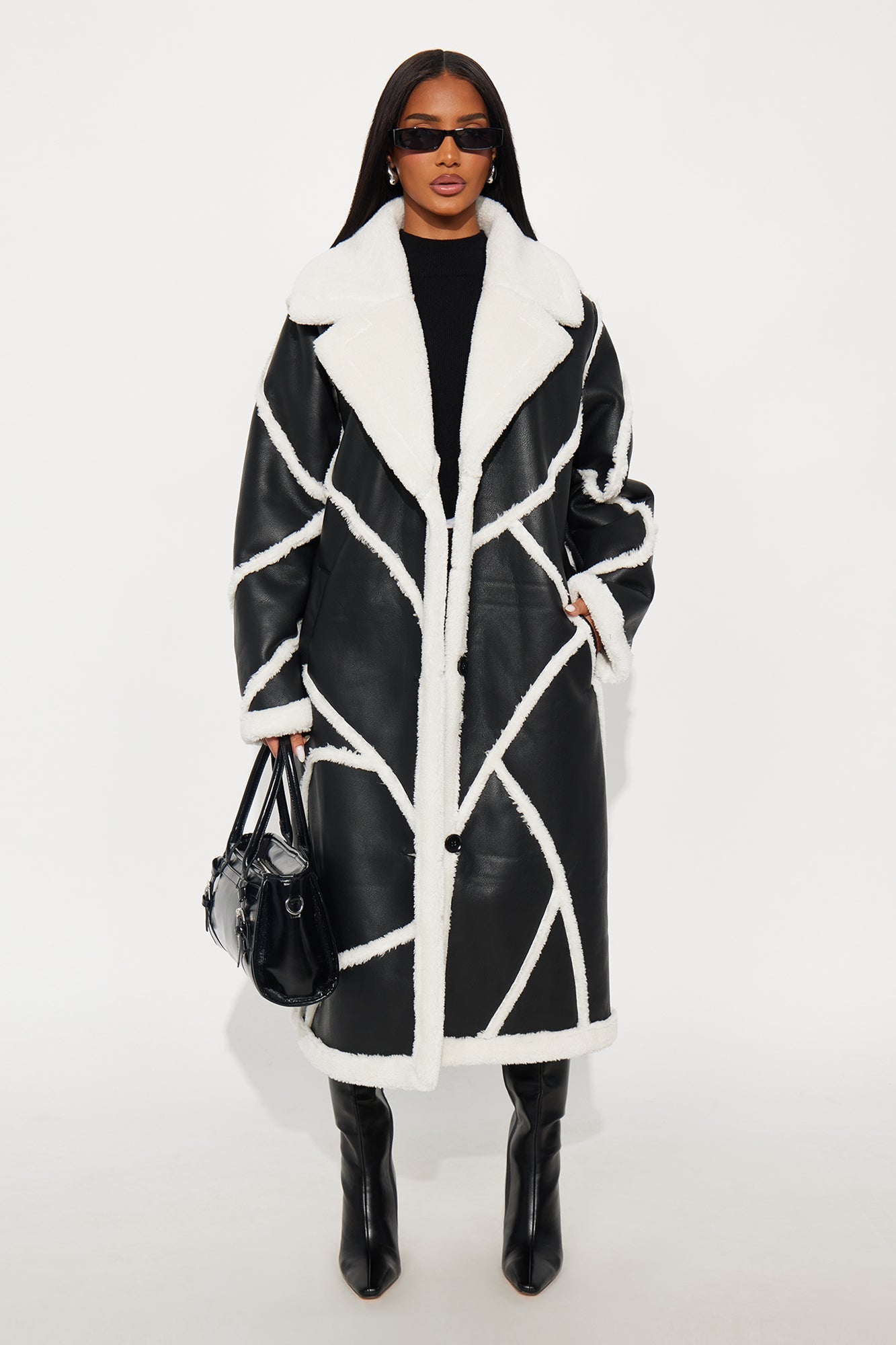 Chic Synthetic Leather Trench Coat - Black