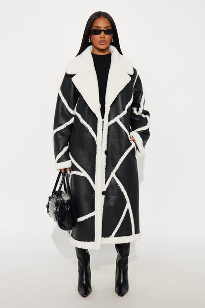 Chic Synthetic Leather Trench Coat - Black