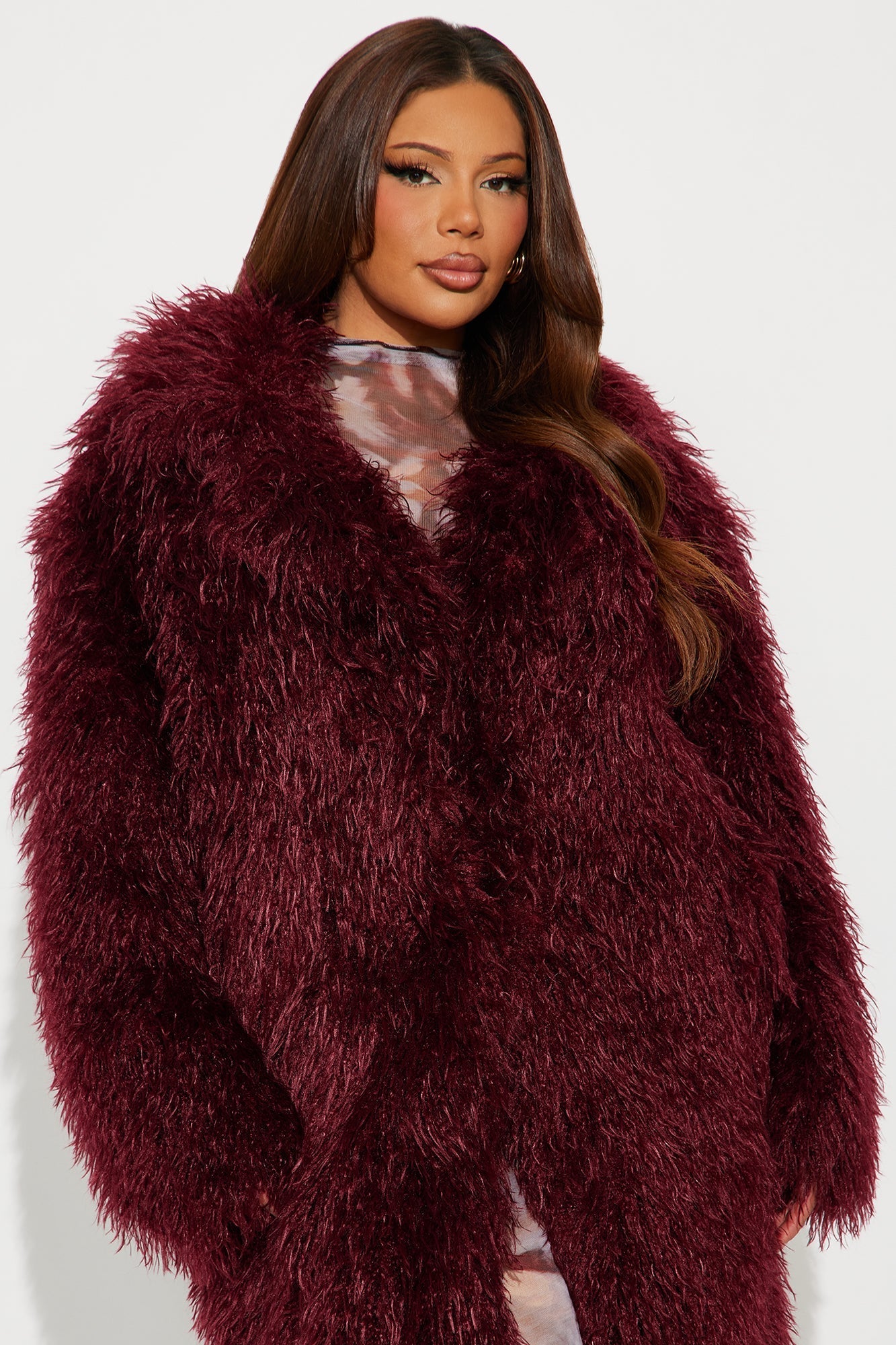 Faux Fur Trench Coat - Burgundy
