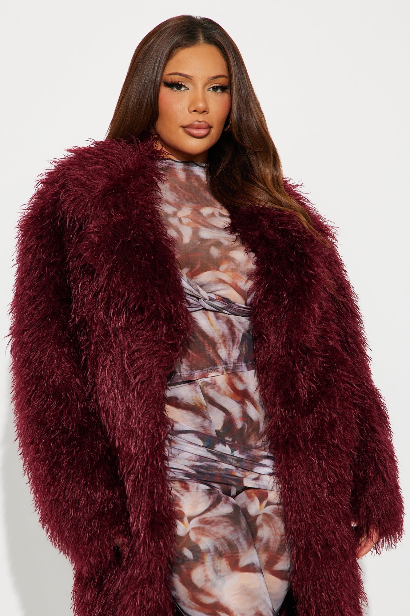 Faux Fur Trench Coat - Burgundy
