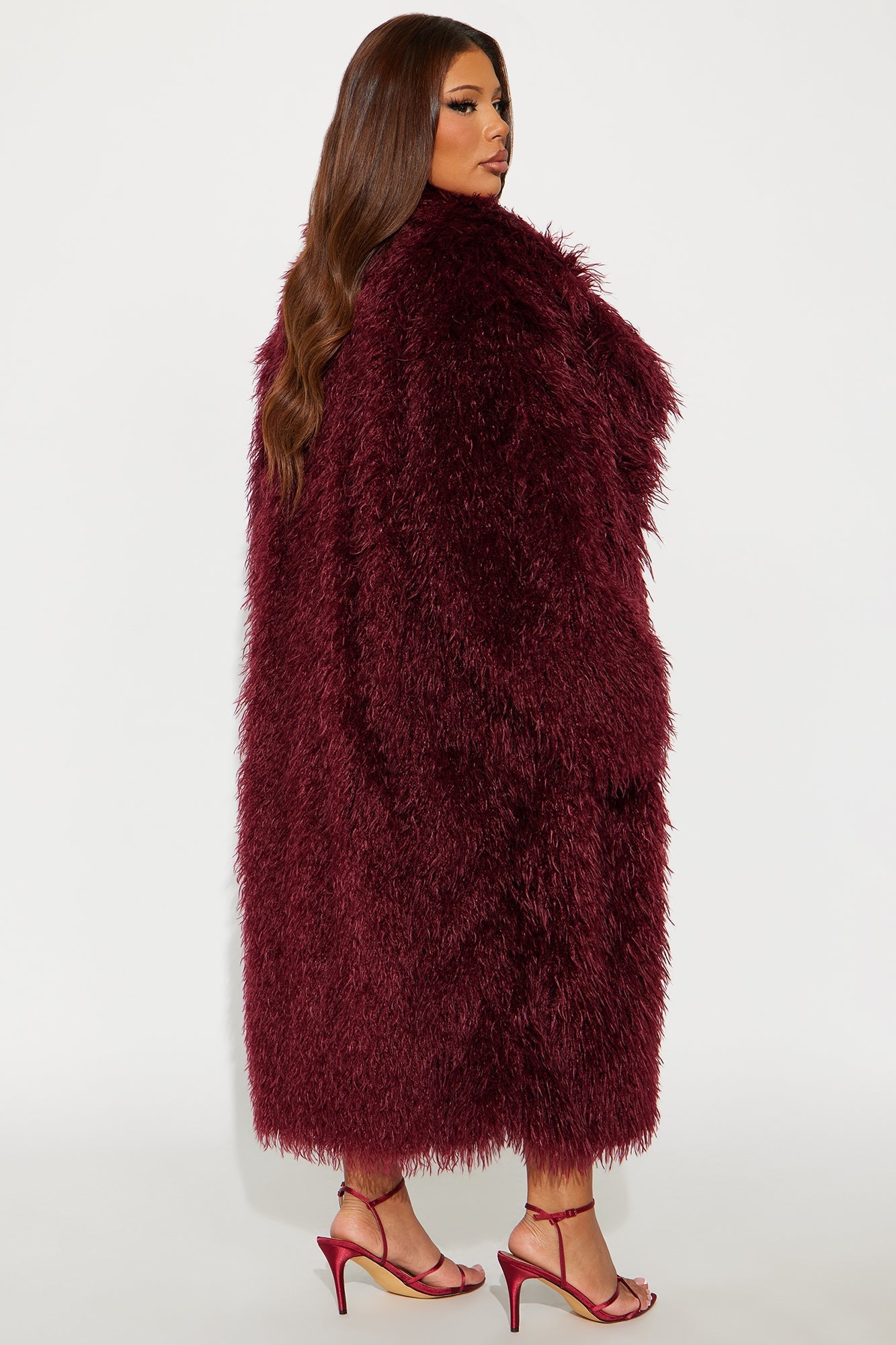 Faux Fur Trench Coat - Burgundy