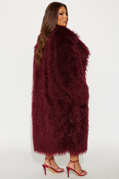 Faux Fur Trench Coat - Burgundy