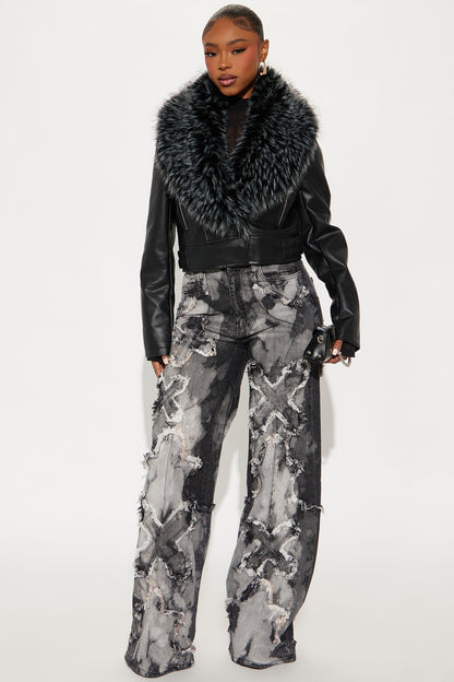 Motorcycle Jacket in Faux Leather with Fur Crazy For You - Black