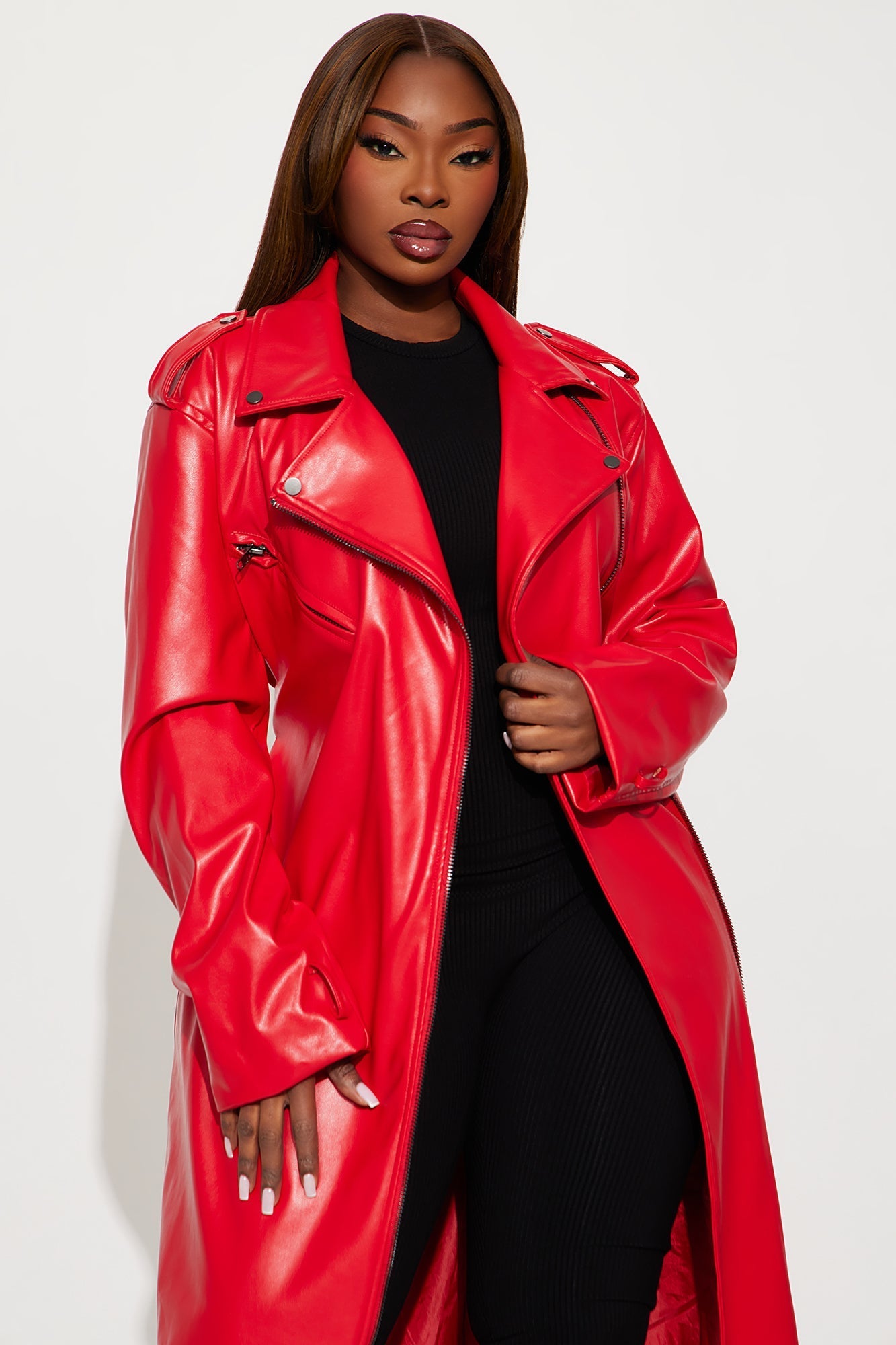 Red Faux Leather Coat for Night Drives