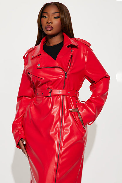 Red Faux Leather Coat for Night Drives