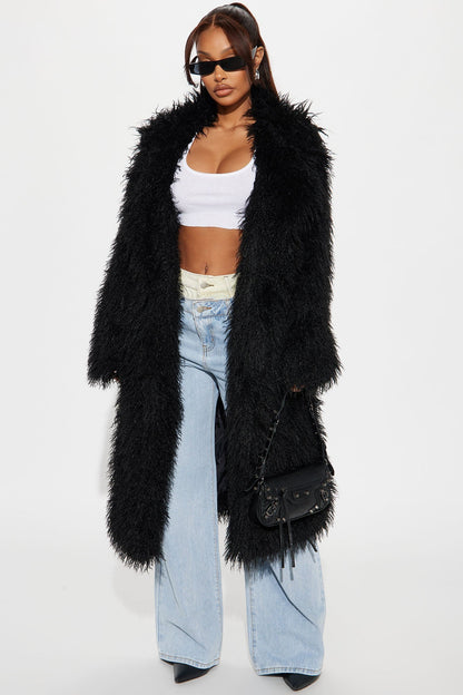 Synthetic Fur Trench Coat - Black