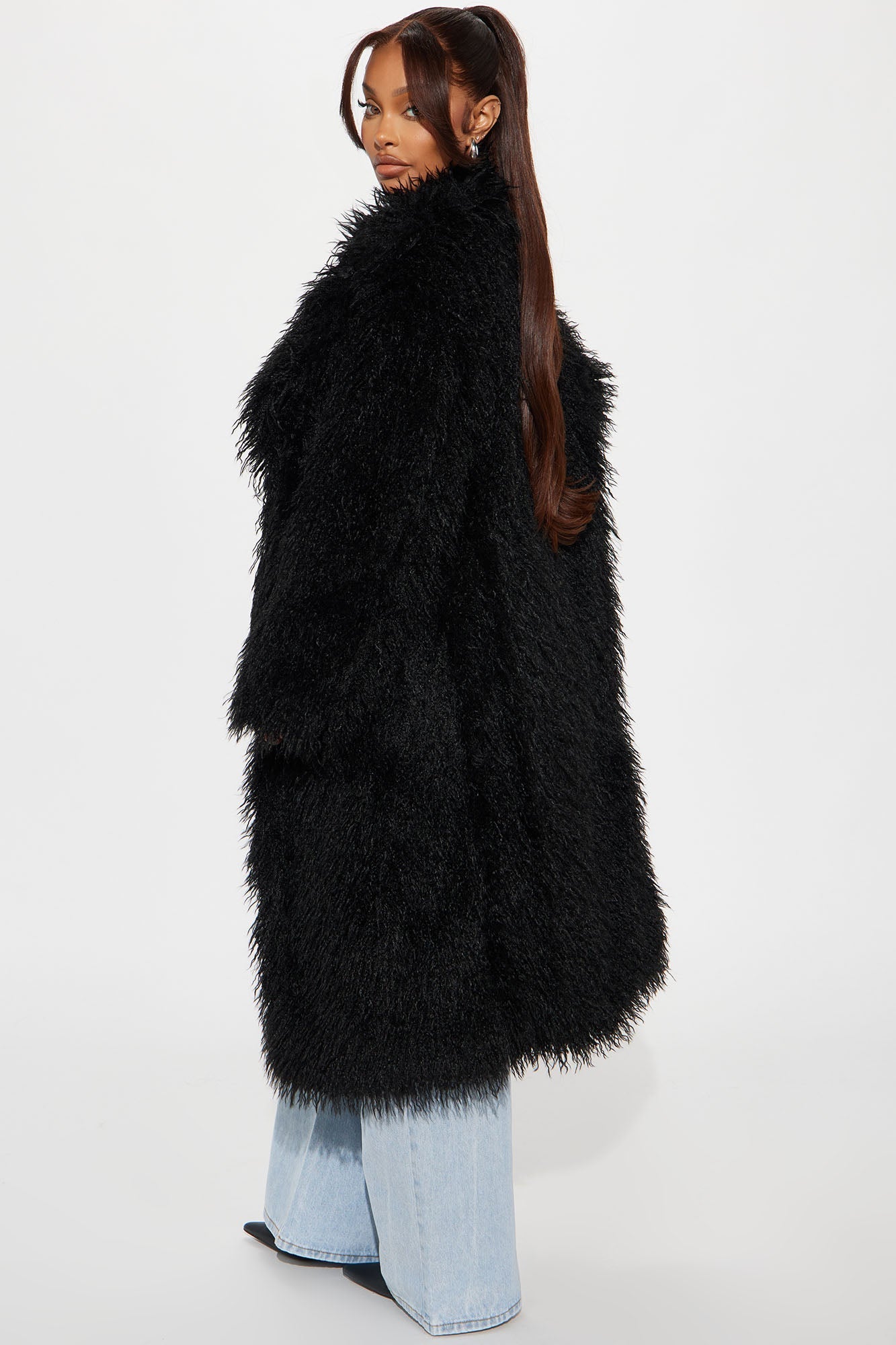Synthetic Fur Trench Coat - Black