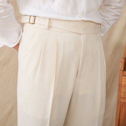 Straight Trousers with Double Pleats in Linen Blend St. Maxime