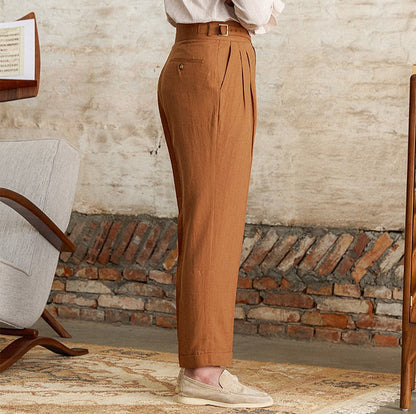 Straight Trousers with Double Pleats in Napolitana Linen Blend
