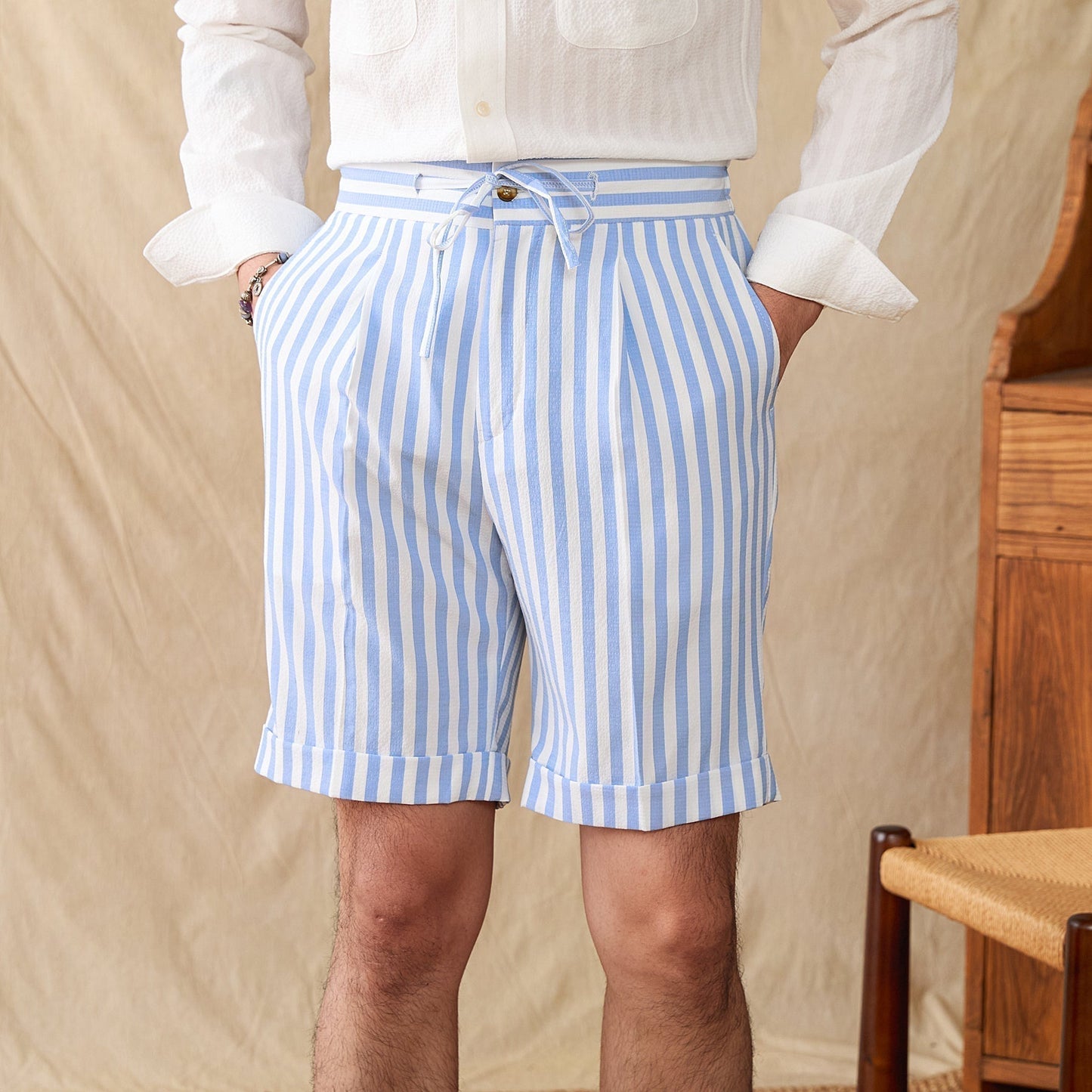Pleated Seersucker Striped Bermuda Shorts Portofino