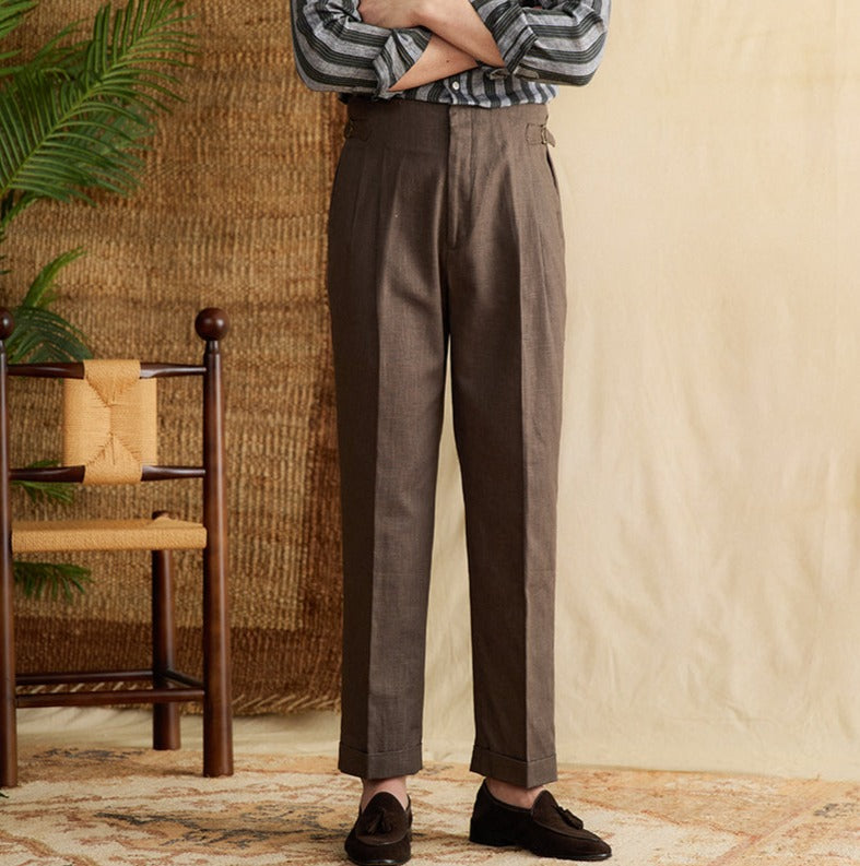 Semplice Trousers in Linen Blend with Double Pleat and Straight Cut