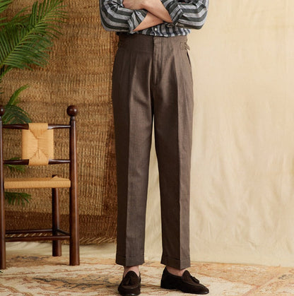 Semplice Trousers in Linen Blend with Double Pleat and Straight Cut