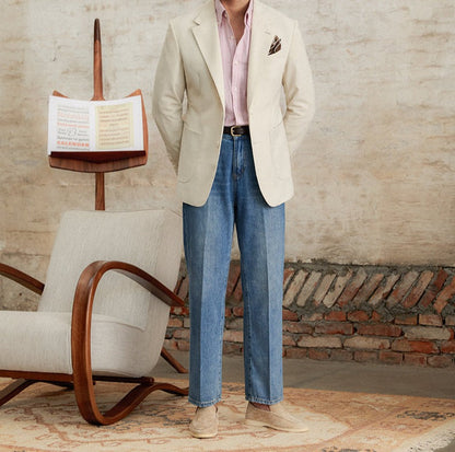 Pleated Straight Leg Cotton Denim Trousers Alassio