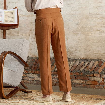 Straight Trousers with Double Pleats in Napolitana Linen Blend