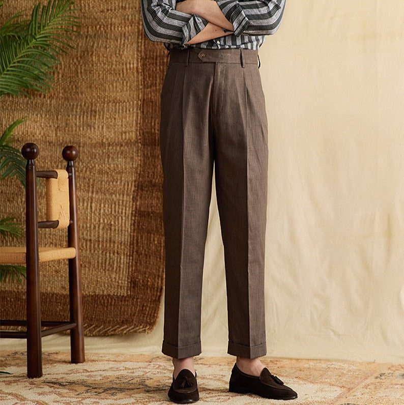 Bergamo Straight Trousers in Cotton and Linen Blend with Double Pleats