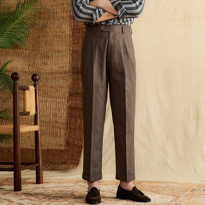 Bergamo Straight Trousers in Cotton and Linen Blend with Double Pleats