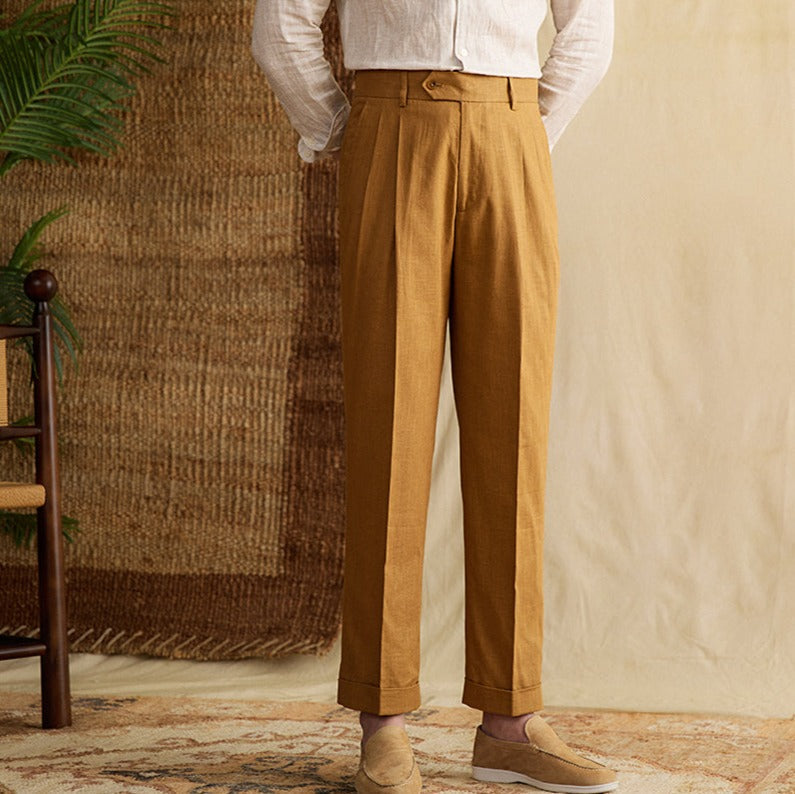 Bergamo Straight Trousers in Cotton and Linen Blend with Double Pleats